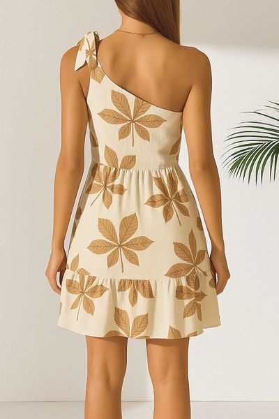 Know Women's Camel-White Floral Patterned One Shoulder Tie Ruffle Crinkle Dress