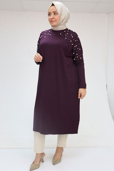 Eslina 58067 Plus Size Low Arm Pearl Snap Combed Cotton Tunic - Purple
