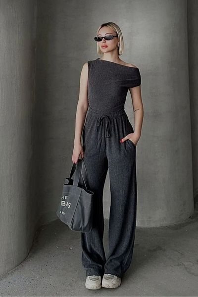 Safgiyim44 Short Sleeve Blouse Elastic Waist Wide Leg Pants Eldar Women's Anthracite Corded Suit