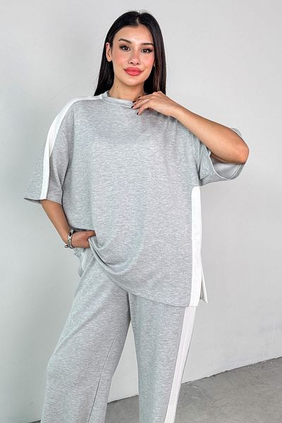 Cappmoda Tkm-13307 Gray Stripe Detailed Oversize T-Shirt & Pocketed Casual Trousers Double Set