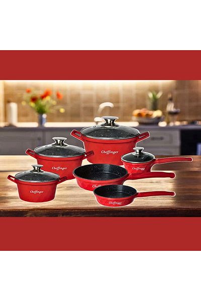 cheffinger Diamond 6 Piece Pan Set Marble Coating Red
