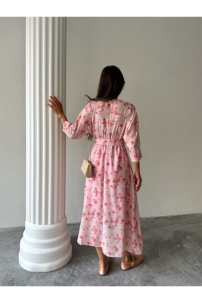 Ayinsu Double-breasted Collar Floral Patterned Belted Dress
