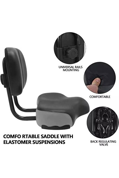 Asroya Sırt Destekli Bisiklet Selesi Koltuğu Arkalıklı Ayarlamalı Geniş Elektrikli Bisiklet Koltuk Siyah