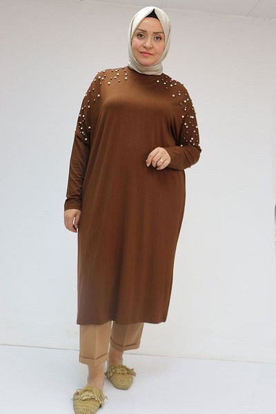 Eslina 58067 Large Size Low Arm Pearl Snap Combed Cotton Tunic - Coffee