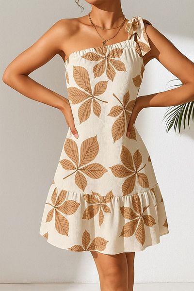 Know Women's Camel-White Floral Patterned One Shoulder Tie Ruffle Crinkle Dress