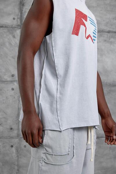 NOMARC Ανδρικό μπλουζάκι με γκρι χρώμα, πλυμένο, με στάμπα F, oversize