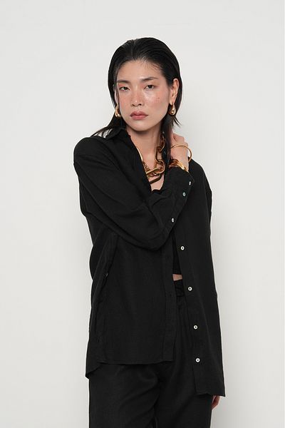 Orfeo Negro Women's 100% Linen Shirt with Button Detail on the Sides