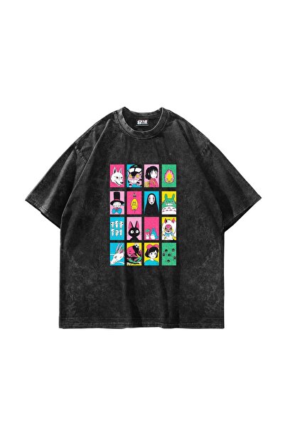 Bak Moda Tricou negru lavabil unisex oversize cu imprimeu Ghibli