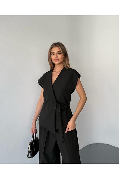 HARMONY GLOBAL Black Vest with Tie-Up Detail and High Waist Pants Set – Lined, Modern and Stylish Two-Piece Set 150