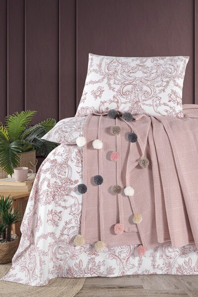 Sudemhome Double Pompom Cotton Boxed Dowry Pique Set Powder