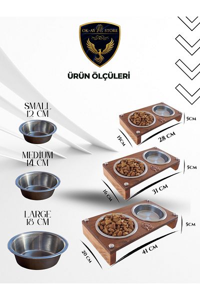 Okay Cat Dog Food and Water Bowl Stand – Wooden Body, Stainless Steel Bowl, Non-Slip Base