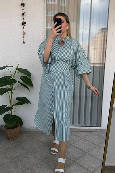 Kubos Moda Bat Sleeve Belted Judge Collar Striped Green Dress