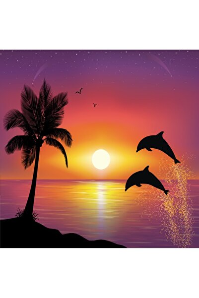 media Tablou canvas Delfini, palmier, apus de soare, 70 x 70 cm