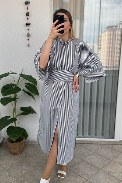 Kubos Moda Bat Sleeve Belted Judge Collar Striped Black Dress