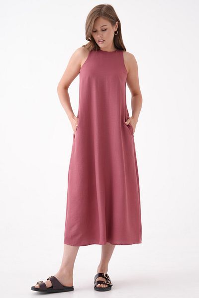 Saade Dusty Rose Crew Neck Pocket Salopet Form Dress