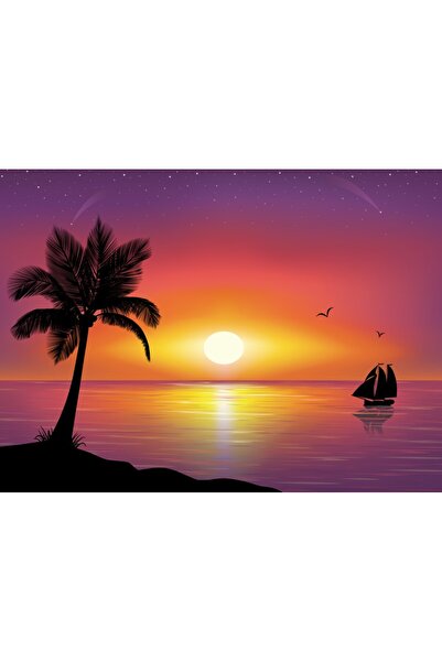 media Tablou canvas Corabie, palmier, apus de soare, 105 x 70 cm