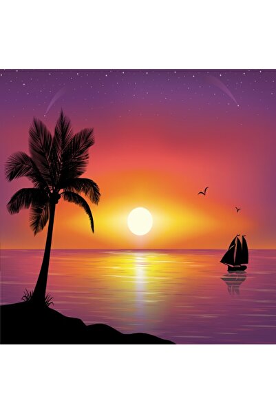 media Tablou canvas Corabie, palmier, apus de soare, 70 x 70 cm