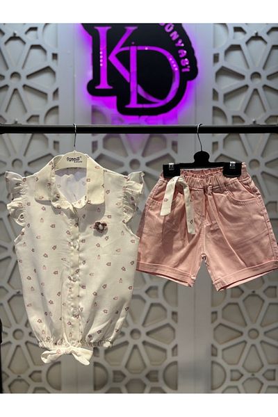 KUMRUNUN DÜNYASI Floral Printed Collar Shirt and Shorts Girls' Bottom Top Set