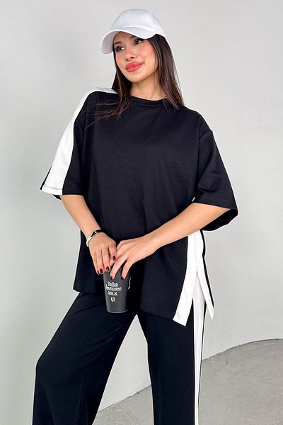 Cappmoda Tkm-13307 Black Stripe Detailed Oversize T-Shirt & Pocket Casual Trousers Double Set