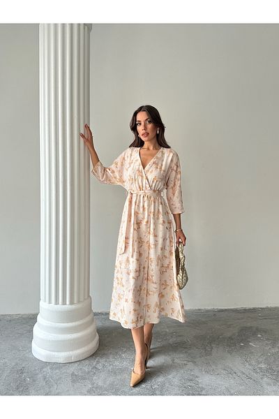 Ayinsu Double-breasted Collar Floral Patterned Belted Dress