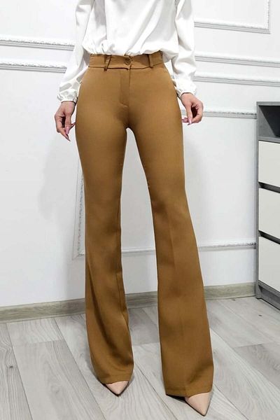 FashionForYou Katte Office Trousers, Slim Flared Cut And High Waist, Beige Mocha Mousse, M