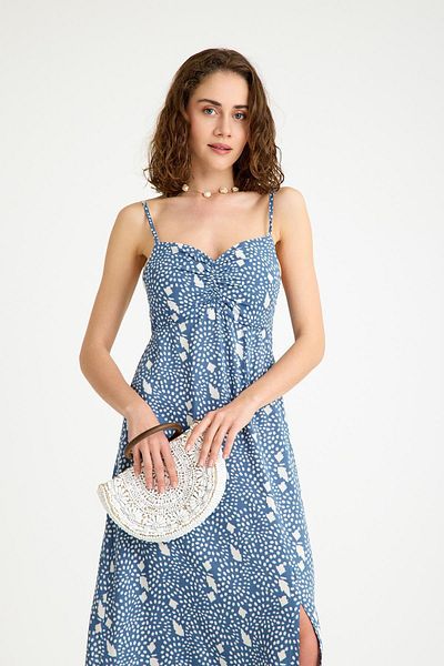 NİLİST Strappy Long Slit Viscose Blue and White Patterned Dress