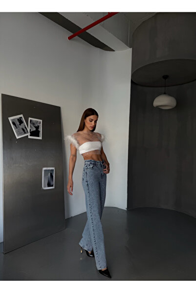 Diviny Women's Stone Patterned Blue Snow Wash High Waist Palazzo Jean