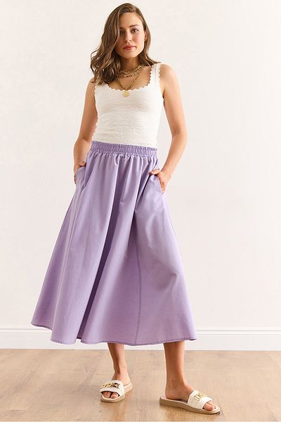 Olalook Women's Lilac Pocketed Elastic Waist Midi Woven Bell Skirt Etk-19000271