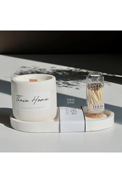 THEIA HOME No 3 Set Beton Saksılı Vegan Soya Mum-oval Tabak Ve Kibrit Seti