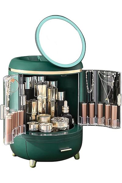 Un Luxury Makeup Organizer with Clear Doors and Rotating LED Mirror - Stylish and Functional Storage!
