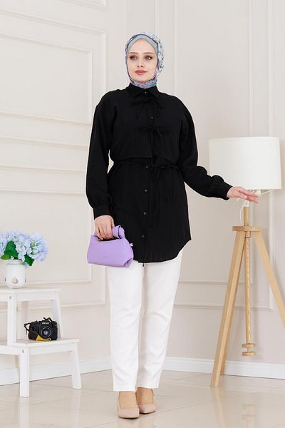 Sevitli Cepken Detailed Tie-Up Linen Tunic-Black
