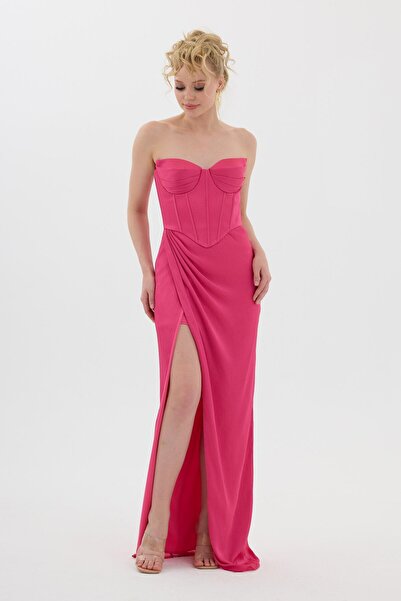 Carmen Fuşya Kedi Kulağı Uzun Saten Abiye Elbise
