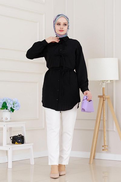 Sevitli Cepken Detailed Tie-Up Linen Tunic-Black