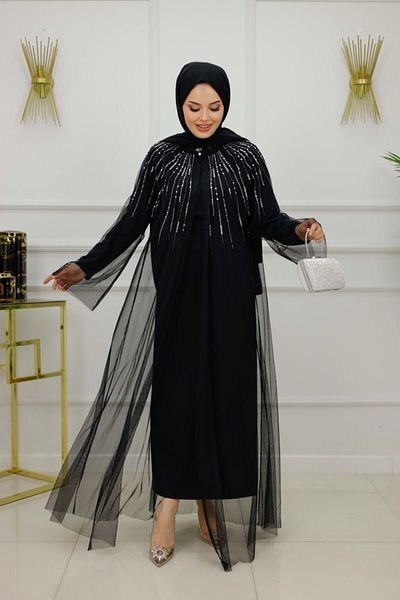 Enans Design Rochie de seară hijab pentru damă cu detalii de piatră