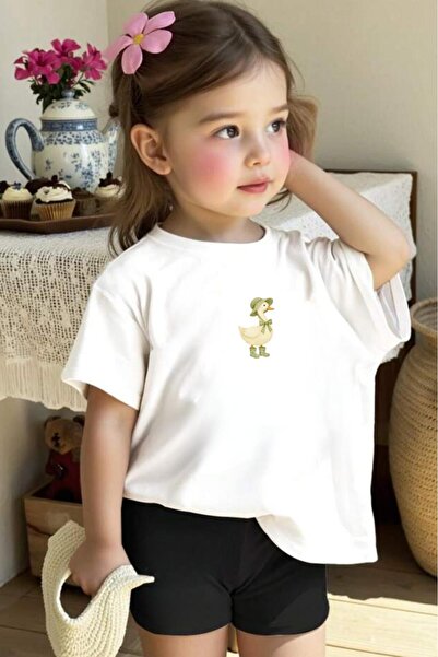 NO 601 Girl's White Duck Printed Tshirt Shorts Bottom-Top Set for Ages 5-6 / 11-12