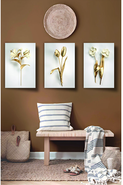 Sennight Dekoratif 3'lü Gold Çiçekli Set Tablo