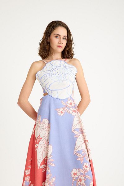 NİLİST Linen Floral Bustier Detailed Tie Back Long Orange Lilac Dress