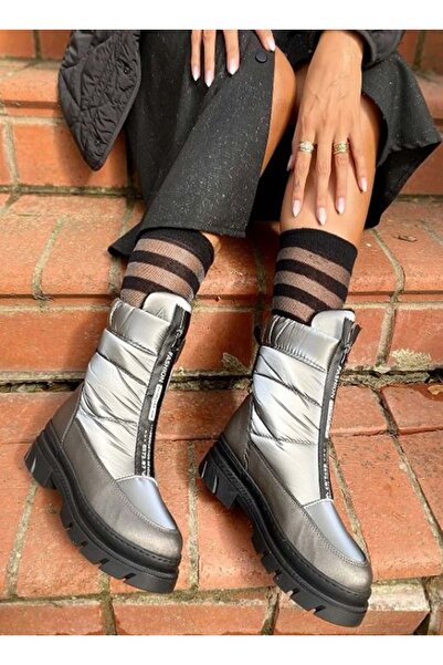 KOCAMANLAR Feles Fermuar Detaylı Paraşüt Kadın Kar Botu Kauçuk Tabanlı Kadın Bot GRİ