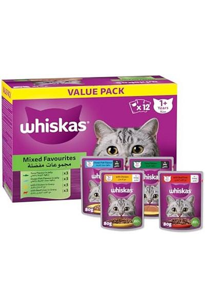 Whiskas Mixed Favorites Wet Cat Food Pack of 12x80g, Chicken, Tuna, Oceanfish, and Beef Liver Wet Fo