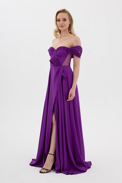 Carmen Purple Low Neckline Slit Satin Evening Dress