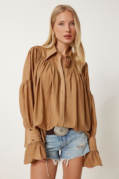 Lovelyİstanbul Cămașă din poplin cu șnur Camel Lfn0097