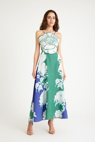 NİLİST Linen Floral Bustier Detailed Tie Back Long Blue Green Dress