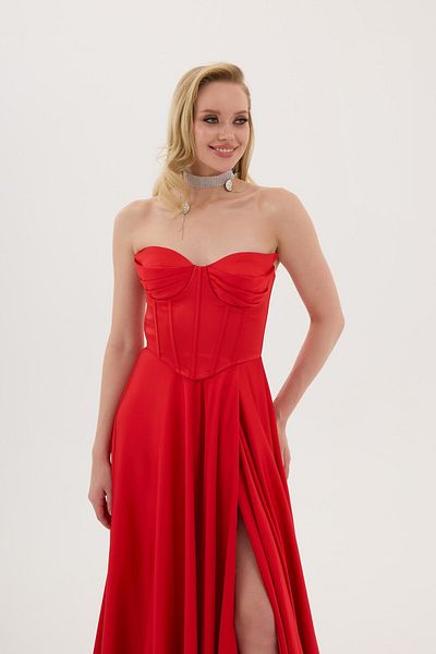 Carmen Red Cat Ear Slit Satin Evening Dress