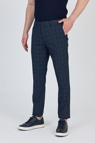 Frappoli Ecmio Men's Dark Navy Plaid Linen Look Slim Spring-Summer Slim Fit Pantalon