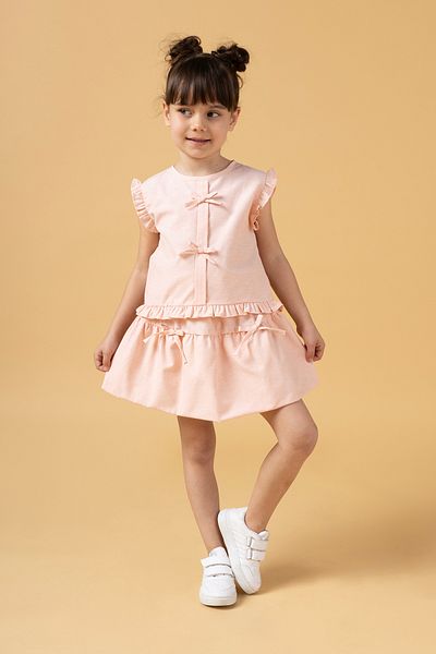 Minipodyum Girl's Balloon Skirt and Bow Detailed Summer Double Suit