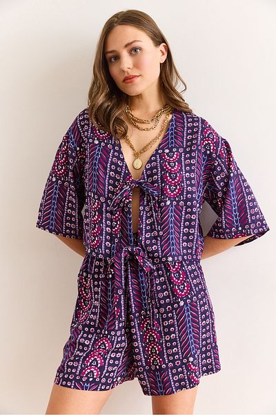 Olalook Women's Ethnic Purple Top Blouse Bottom Pocket Shorts Woven Viscose Suit Tkm-19000393
