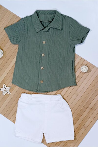 agugu Pamela Embossed Striped Shirt Summer Men's 2-Piece Set Khaki