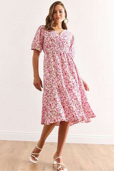 Olalook Women's Pink Elastic Waist Double Breasted Collar Woven Viscose Dress Elb-19002440