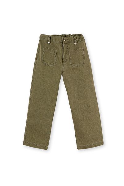 Patique Kids Green Denim Pocket Cotton Girl's Trousers with Elastic Waist
