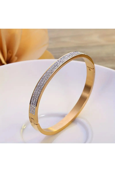 KumaşEvi Zirkon Taşlı Altın Renk Paslanmaz Çelik Bileklik – Kadın Şık Takı, S...
